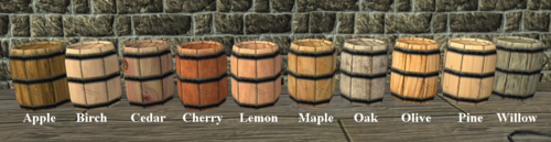 Ten small barrels, made from each available tree type as labeled.